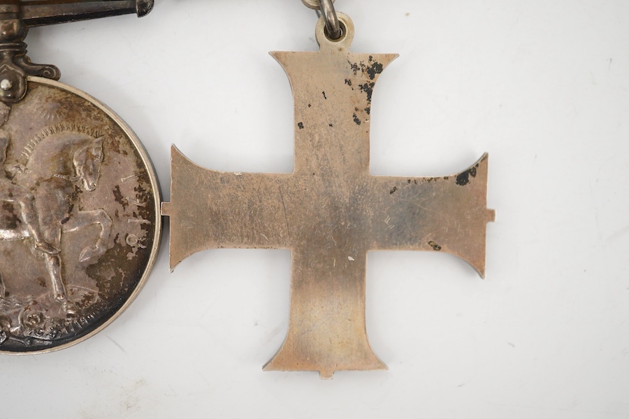 A George V First World War Military Cross (MC) medal group, comprising of a military cross, British war medal, and the victory medal. Condition - poor, the name of the recipient has been removed leaving only ‘W. York R.’